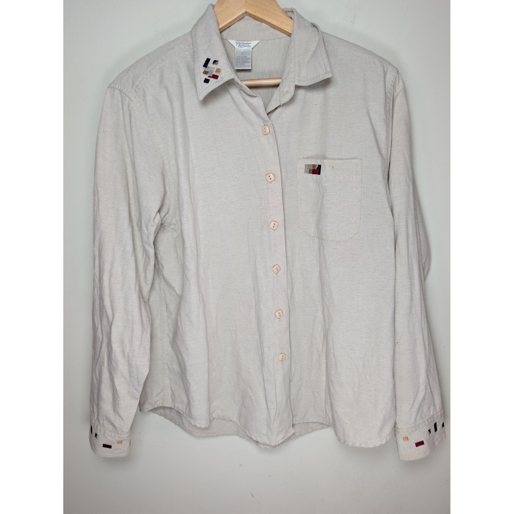 Christopher & Banks‎ Linen Blend Embroidered Button Up Shirt Beige Womens Large